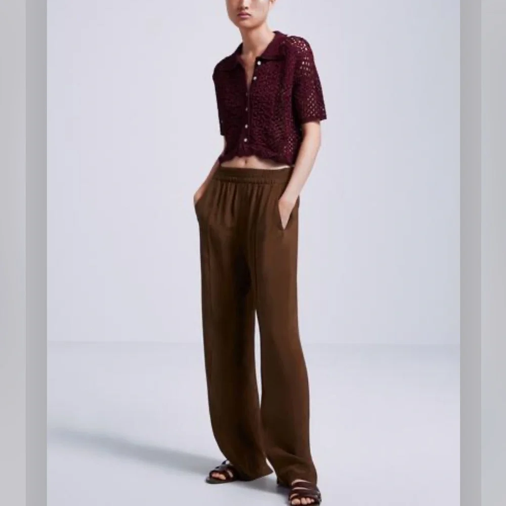 Zara Crocheted Polo Shirt Wine NWT